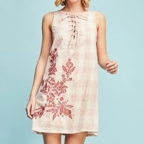 Entro Plaid Embroidered Lace Up Dress - Picture 2 of 6